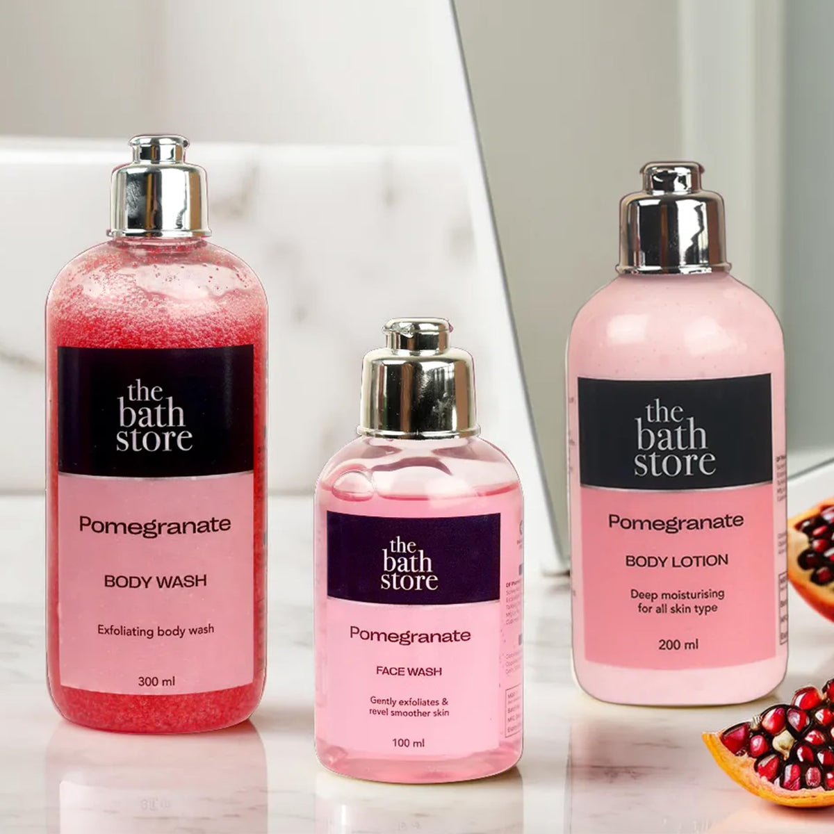 The Bath Store Pomegranate Body Lotion -200ml,Face Wash -100ml, Body Wash -300ml | Prevents Body Acne, Bumpy Skin, Exfoliates & Deep Cleanses Skin | Keeps Skin Fresh ,Clean & Smooth