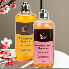 The Bath Store Body Wash Shower Gel Pack of 2 (Exfoliating Apricot + Japanese Cherry Blossom) | Exfoliating Body Wash For Dry Skin & Oily Skin | Tan Removal Body Wash For women & men - (300 * 2) ml