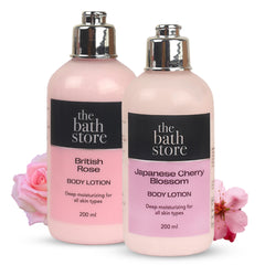 The Bath Store (British Rose & Japanese Cherry Blossom) Body Lotion combo pack of 2 | Moisturizer for Oily Skin & Dry Skin | Body Lotion for Women & Men | Hydrating Moisturizer for Body 200ml each