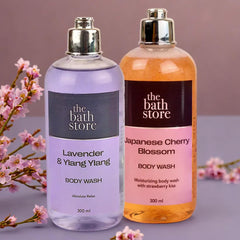 The Bath Store Body Wash Shower Gel Pack of 2 (Lavender Ylang Ylang + Japanese Cherry Blossom) | Moisturizing Body Wash For Dry Skin & Oily Skin | Tan Removal Body Wash For Women & men - (300 * 2) ml