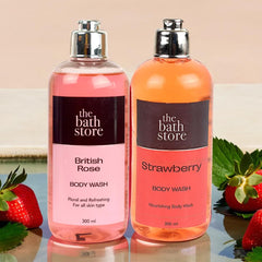 The Bath Store Body Wash Shower Gel Pack of 2 (Strawberry + British Rose) | Moisturizing Body Wash For Dry Skin & Oily Skin | Tan Removal Body Wash For men & women - (300 * 2) ml