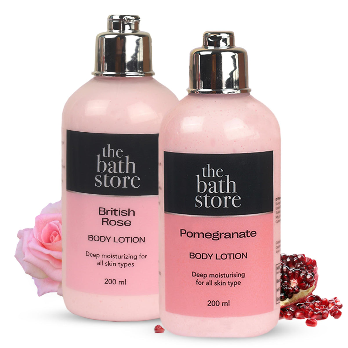 The Bath Store (British Rose & Pomegranate) Body Lotion Combo pack of 2 | Moisturizer for Oily Skin & Dry Skin | Body Lotion for Women & Men | Hydrating Moisturizer for Body 200ml each