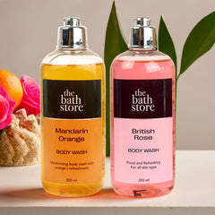 The Bath Store Body Wash Shower Gel Pack of 2 (Mandarin Orange + British Rose) | Moisturizing Body Wash For Dry Skin & Oily Skin | Tan Removal Body Wash For women & men - (300 * 2) ml