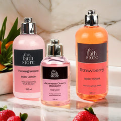 The Bath Store (Face Wash + Body Wash + Body Lotion) Pack of 3 | Japanese Cherry Blossom Face Wash | Pomegranate Body Lotion | Strawberry Body Wash | For Men & Women - all Skin Types