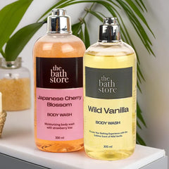 The Bath Store Body Wash Shower Gel Pack of 2 (Wild Vanilla + Japanese Cherry Blossom) | Moisturizing Body Wash For Dry Skin & Oily Skin | Tan Removal Body Wash For women & men - (300 * 2) ml