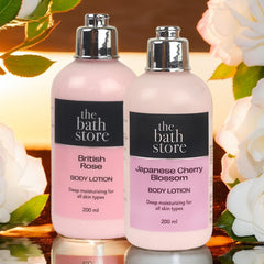 The Bath Store (British Rose & Japanese Cherry Blossom) Body Lotion combo pack of 2 | Moisturizer for Oily Skin & Dry Skin | Body Lotion for Women & Men | Hydrating Moisturizer for Body 200ml each