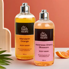 The Bath Store Body Wash Shower Gel Pack of 2 (Mandarin Orange + Japanese Cherry Blossom) | Moisturizing Body Wash For Dry Skin & Oily Skin | Tan Removal Body Wash For Women & men - (300 * 2) ml