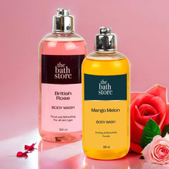 The Bath Store Body Wash Shower Gel Pack of 2 (Mango Melon + British Rose) | Moisturizing Body Wash For Dry Skin & Oily Skin | Tan Removal Body Wash For Men & Women - (300 * 2) ml