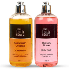 The Bath Store Body Wash Shower Gel Pack of 2 (Mandarin Orange + British Rose) | Moisturizing Body Wash For Dry Skin & Oily Skin | Tan Removal Body Wash For women & men - (300 * 2) ml