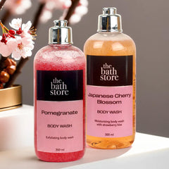 The Bath Store Body Wash Shower Gel Pack of 2 (Pomegranate + Japanese Cherry Blossom) | Exfoliating Body Wash For Dry Skin & Oily Skin | Tan Removal Body Wash For Women & men - (300 * 2) ml