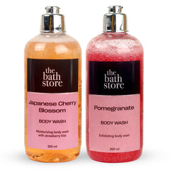 The Bath Store Body Wash Shower Gel Pack of 2 (Pomegranate + Japanese Cherry Blossom) | Exfoliating Body Wash For Dry Skin & Oily Skin | Tan Removal Body Wash For Women & men - (300 * 2) ml