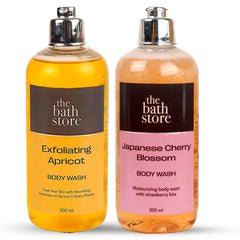 The Bath Store Body Wash Shower Gel Pack of 2 (Exfoliating Apricot + Japanese Cherry Blossom) | Exfoliating Body Wash For Dry Skin & Oily Skin | Tan Removal Body Wash For women & men - (300 * 2) ml