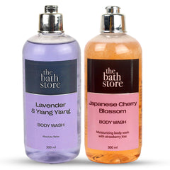 The Bath Store Body Wash Shower Gel Pack of 2 (Lavender Ylang Ylang + Japanese Cherry Blossom) | Moisturizing Body Wash For Dry Skin & Oily Skin | Tan Removal Body Wash For Women & men - (300 * 2) ml