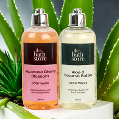 The Bath Store Body Wash Shower Gel Pack of 2 (Aloe & Coconut Butter + Japanese Cherry Blossom) | Moisturizing Body Wash For Dry Skin & Oily Skin |Tan Removal Body Wash For Men & Women - (300 * 2) ml