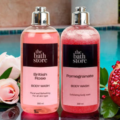 The Bath Store Body Wash Shower Gel Pack of 2 (Pomegranate + British Rose) | Exfoliating Body Wash For Dry Skin & Oily Skin | Tan Removal Body Wash For Men & Women - (300 * 2) ml