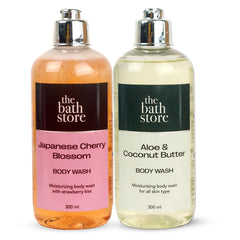 The Bath Store Body Wash Shower Gel Pack of 2 (Aloe & Coconut Butter + Japanese Cherry Blossom) | Moisturizing Body Wash For Dry Skin & Oily Skin |Tan Removal Body Wash For Men & Women - (300 * 2) ml