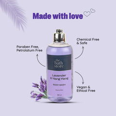 The Bath Store Lavender & Ylang Ylang Body Wash | Smooth & Moisturized Skin | Long Lasting Fragrance | Extra Foam | pH Balanced | Paraben Free & Cruelty Free - 300ml